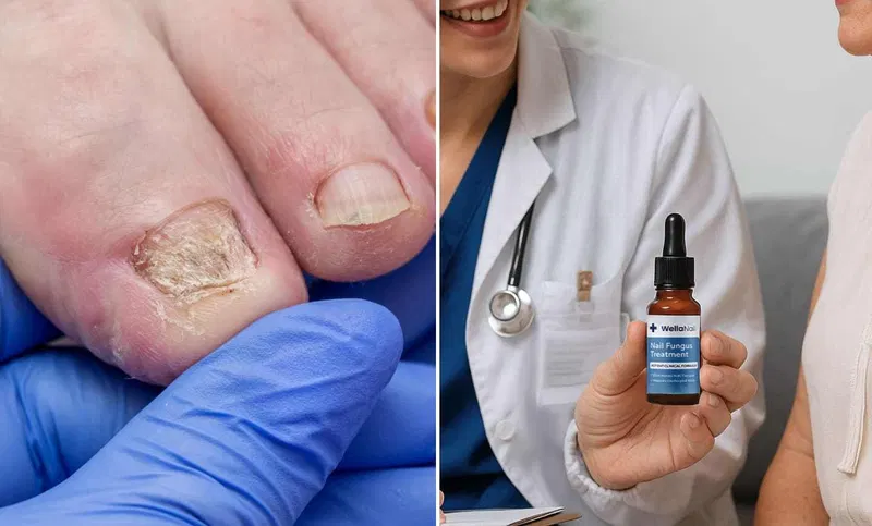 Before and after comparison of a nail treated with WellaNail.